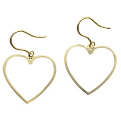 Open Heart Outline Dangle Earrings on Handmade Euro Wire in 14K Yellow Gold