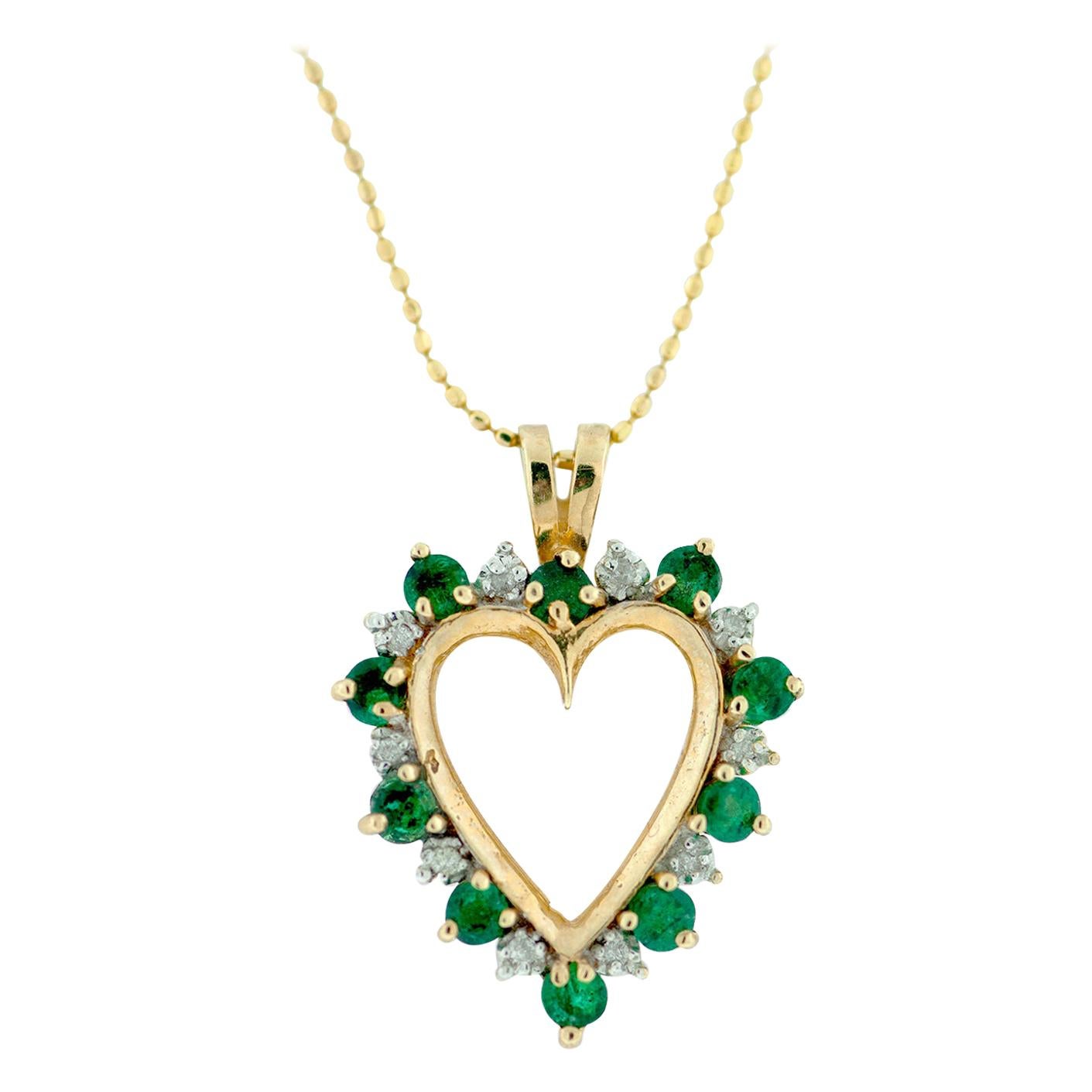 Open Heart Pendant with Emerald and Diamonds on Gold Chain
