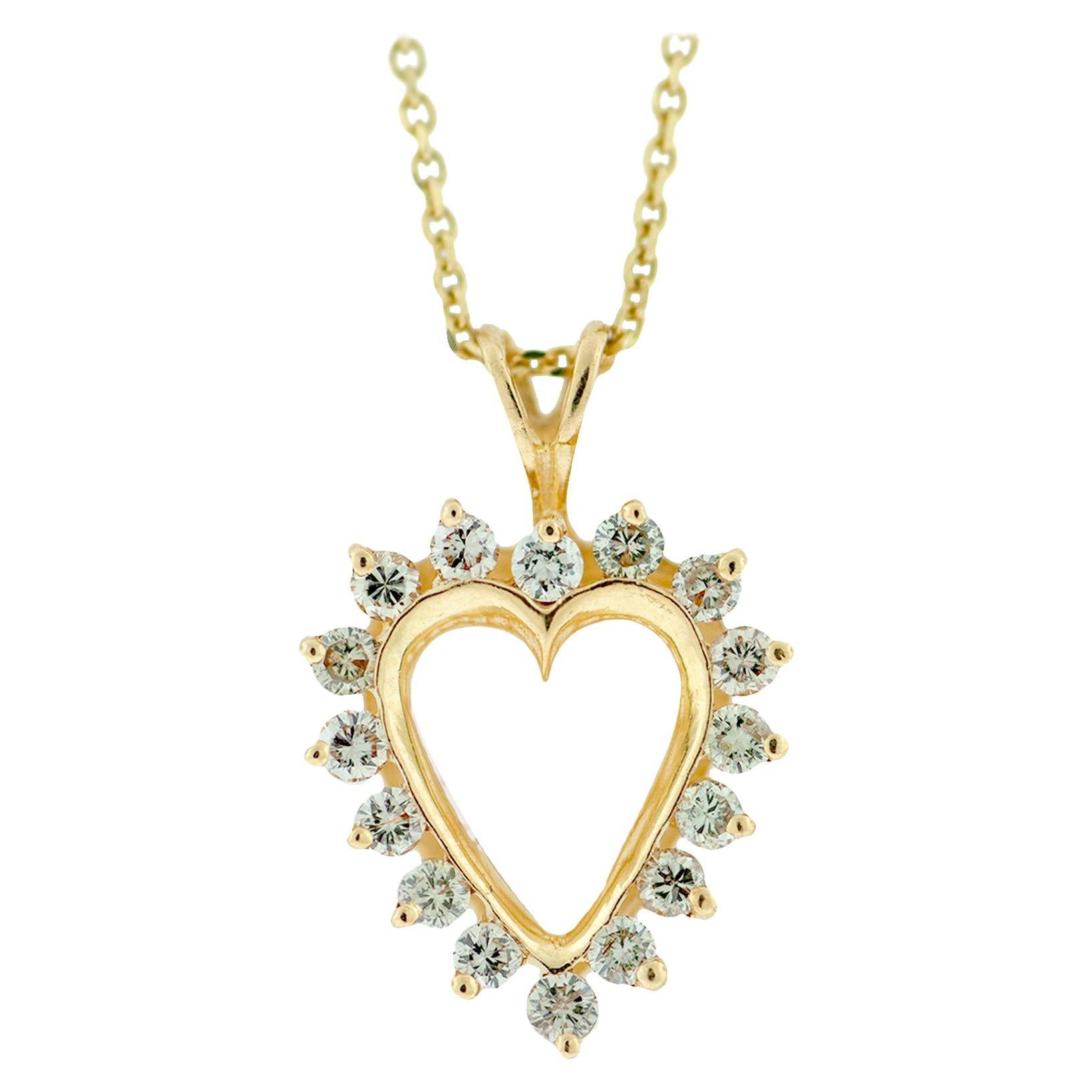 Open Heart Prong Set Diamond Heart Pendant Yellow Gold .69 Carat