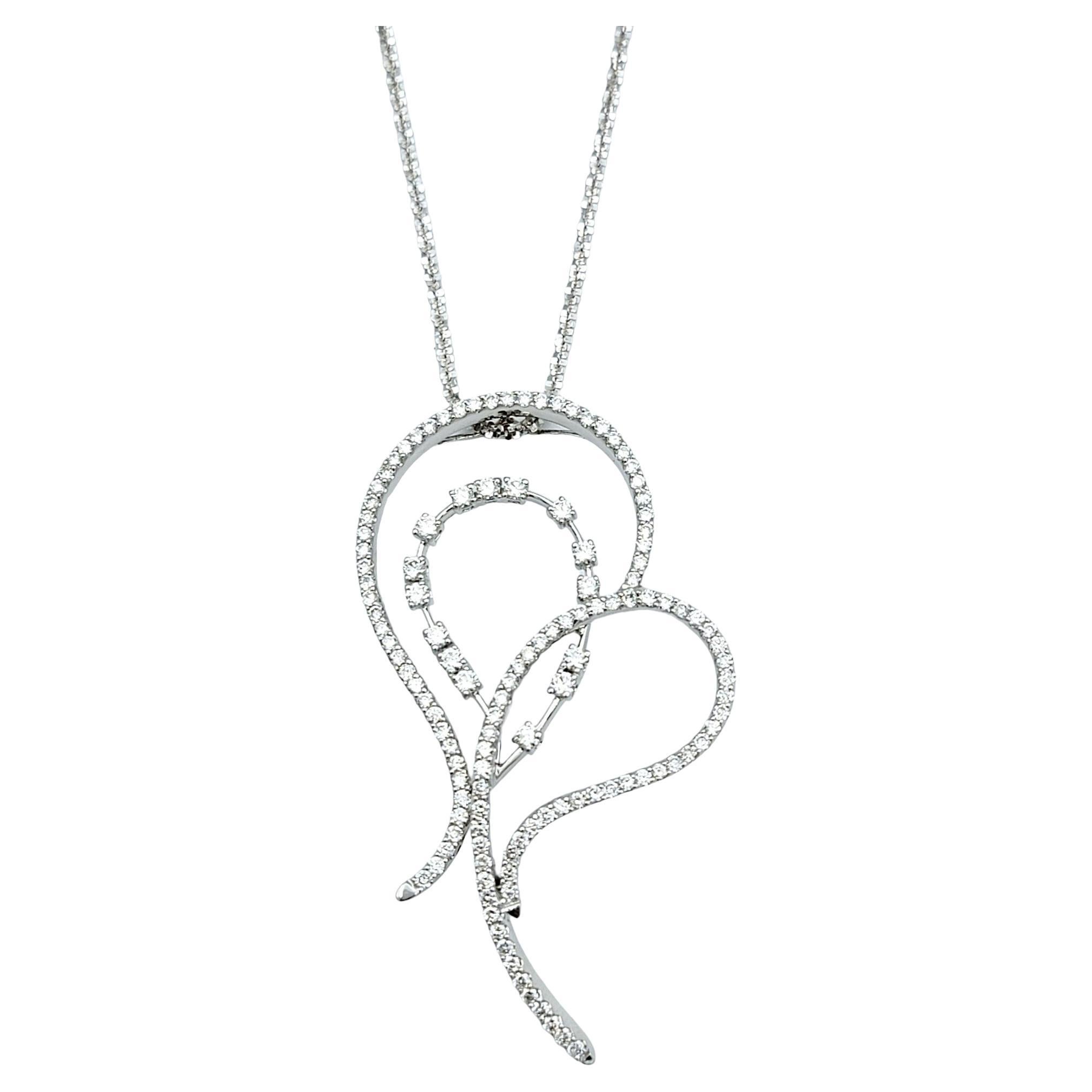 Open Heart Swirl 20" Long Pendant Necklace with Diamonds in Polished White Gold For Sale