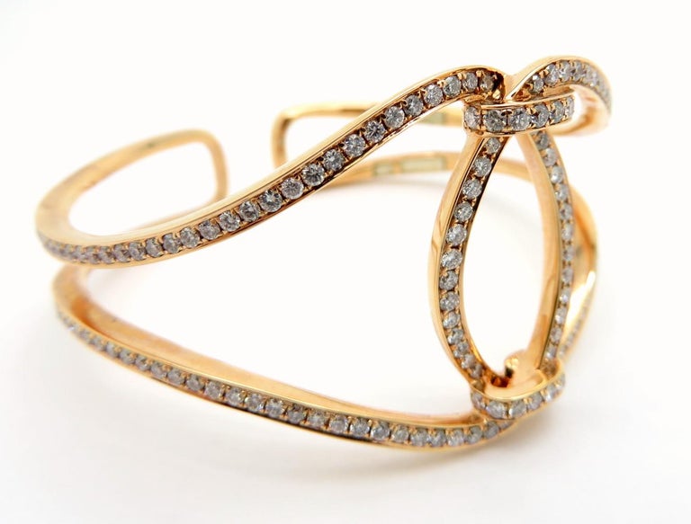 Open Lace Round Diamond 18K Rose Gold Cuff Bangle Bracelet For Sale at 1stdibs