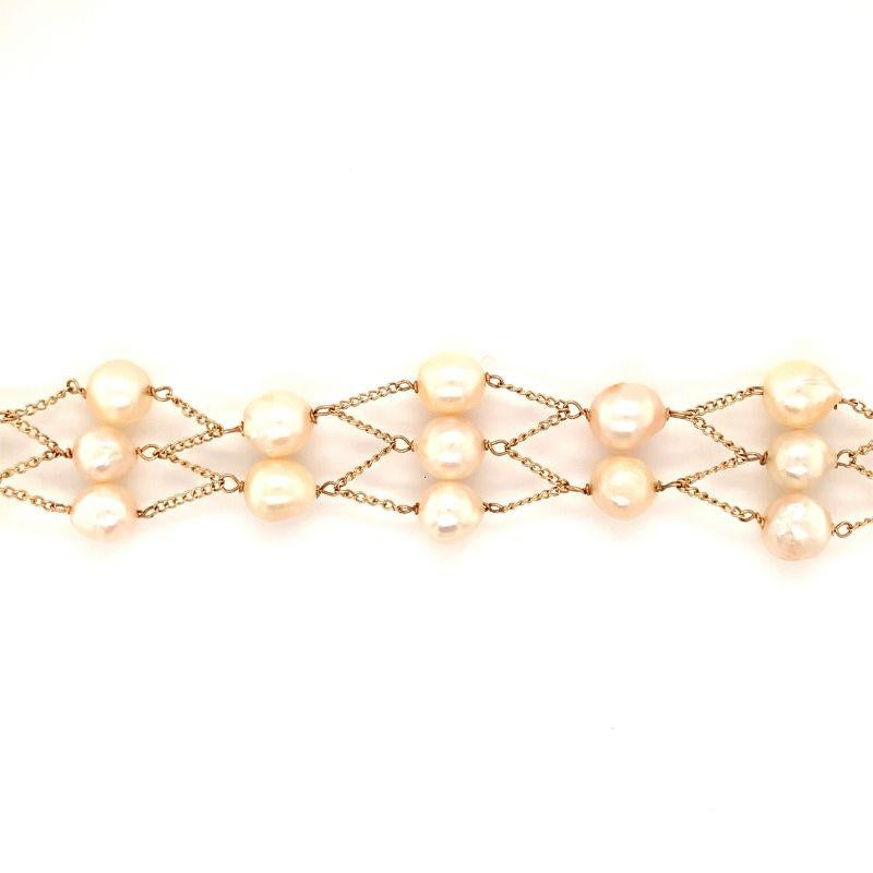 Round Cut Open Link Pearl 14k Yellow Gold Bracelet, circa 1960s For Sale