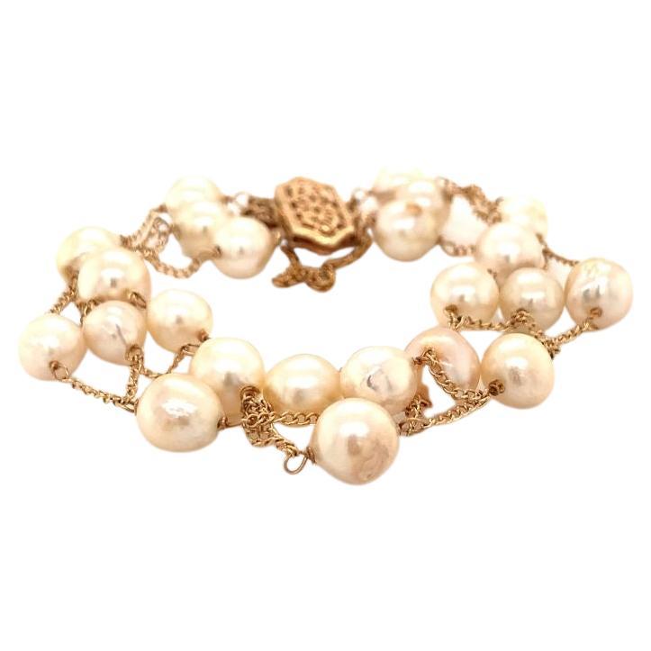 Open Link Pearl 14k Yellow Gold Bracelet, circa 1960s For Sale