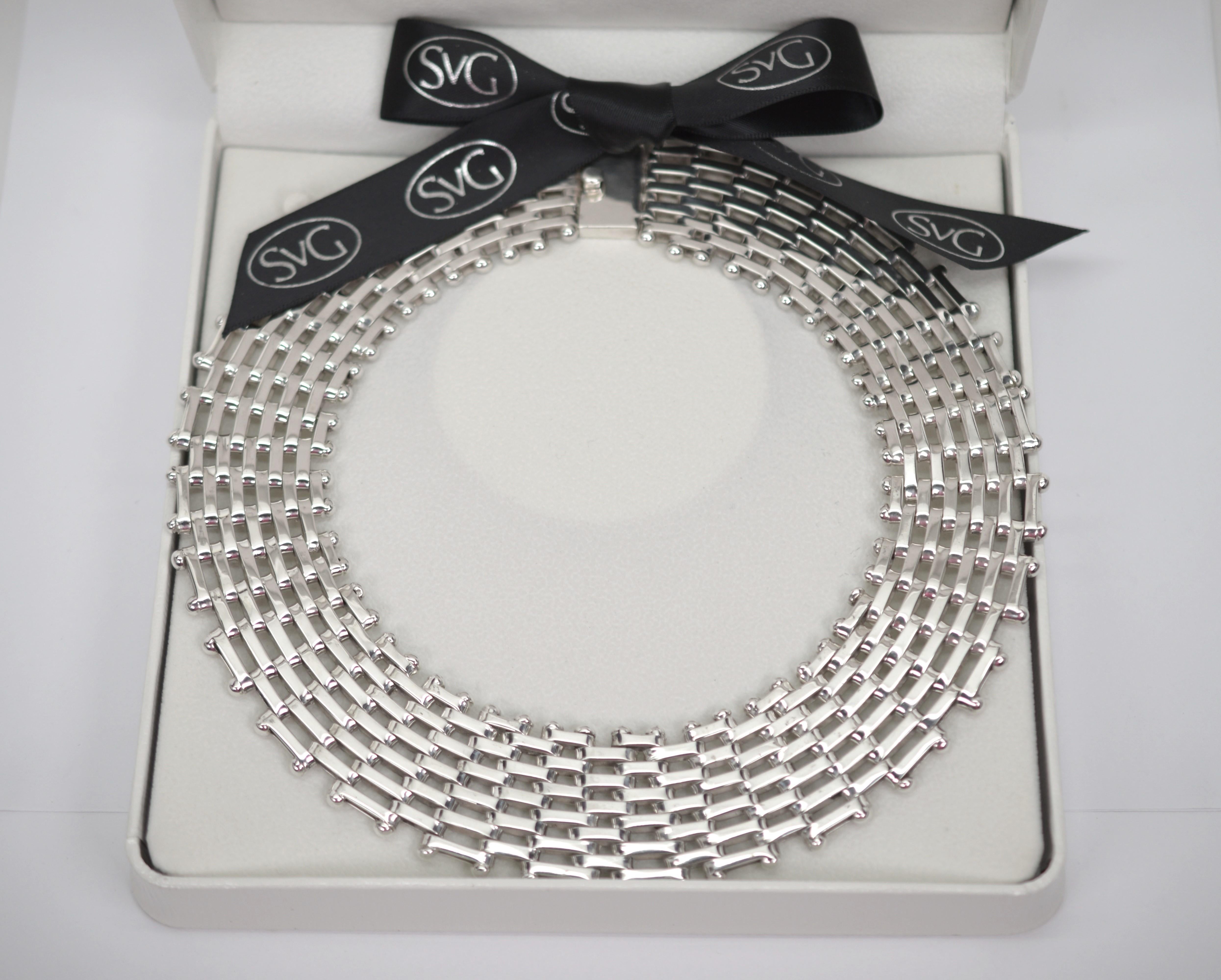 Open Link Wide Collar Sterling Silver Necklace For Sale 4