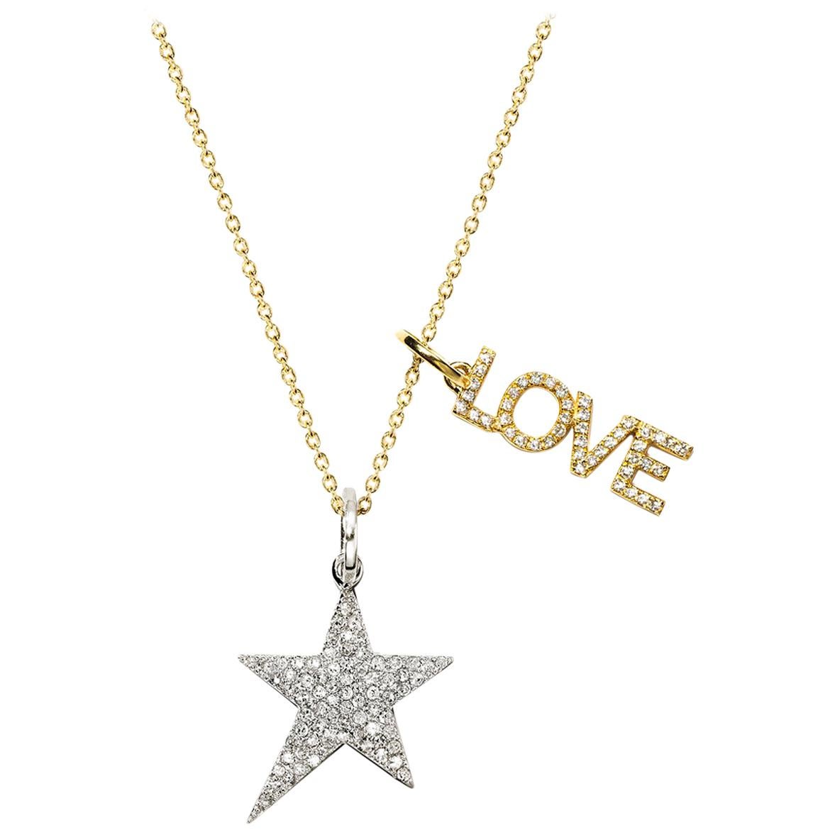 Open Love and Pave Diamond Star 18K Pendant Necklace For Sale