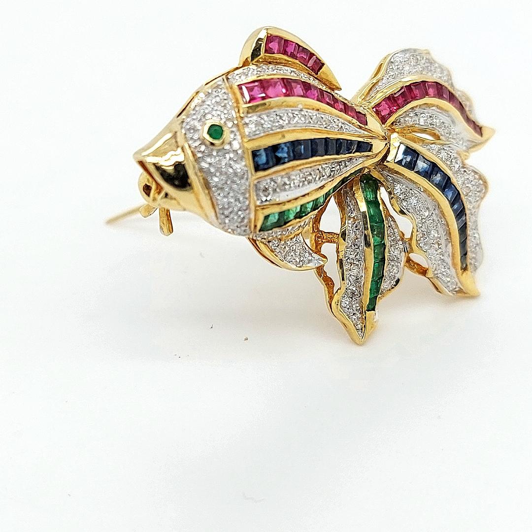 Open Mouth Fish Brooch / Pendant Set with Diamonds, Ruby, Sapphire, Emerald For Sale 3