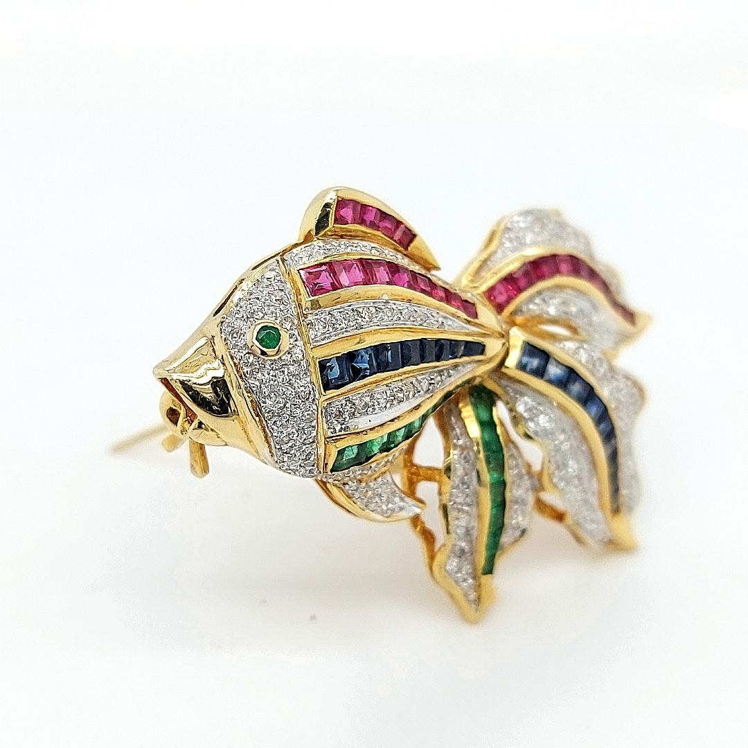 Open Mouth Fish Brooch / Pendant Set with Diamonds, Ruby, Sapphire, Emerald For Sale 5