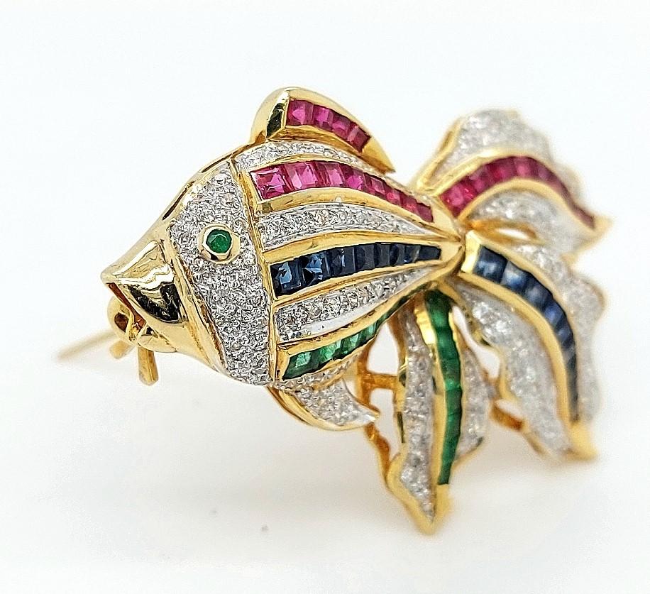 Open Mouth Fish Brooch / Pendant Set with Diamonds, Ruby, Sapphire, Emerald For Sale 6