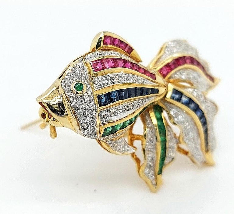 Open Mouth Fish Brooch / Pendant Set with Diamonds, Ruby, Sapphire, Emerald For Sale 7