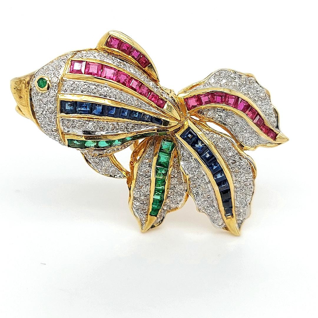 Artisan Open Mouth Fish Brooch / Pendant Set with Diamonds, Ruby, Sapphire, Emerald For Sale