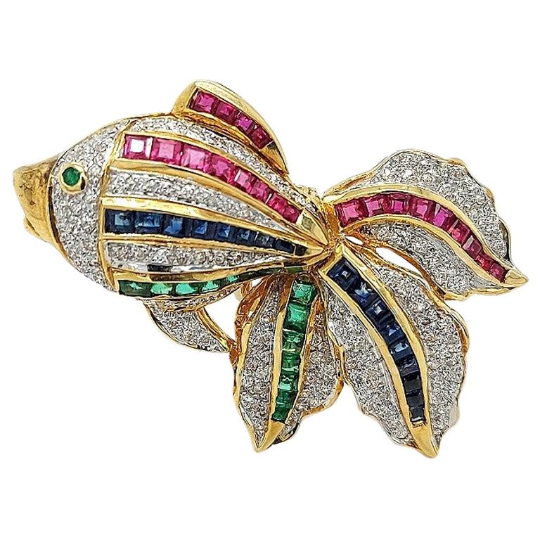 Open Mouth Fish Brooch / Pendant Set with Diamonds, Ruby, Sapphire, Emerald