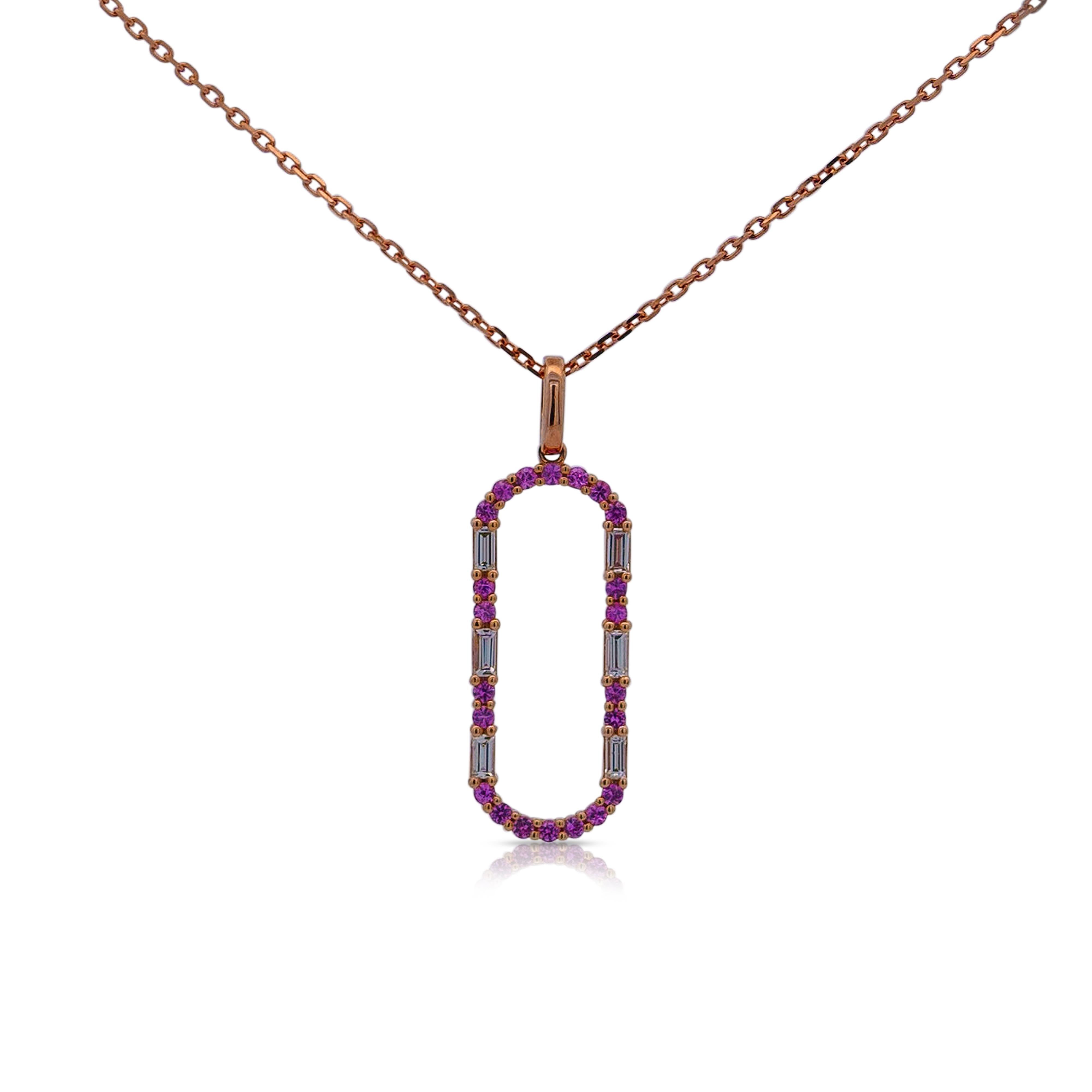14k solid rose gold pendant necklace set with round cut pink sapphires and baguette cut white diamonds. Open oval bar design with a rim of natural gemstones. Suspended on a unique cable chain necklace featuring a versatile closure that can be closed