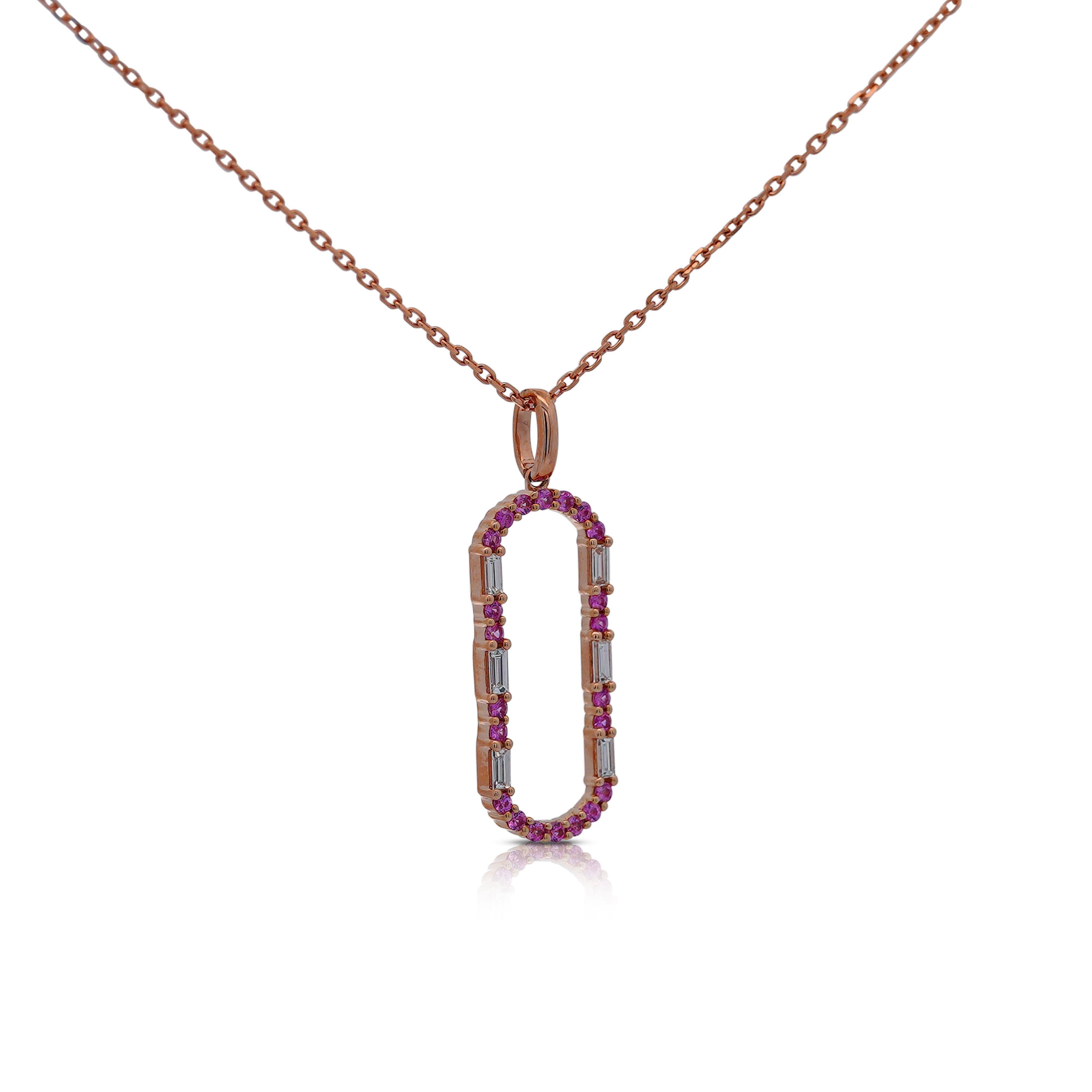 Baguette Cut Open Oval 14K Rose Gold Diamond and Sapphire Pendant Necklace For Sale