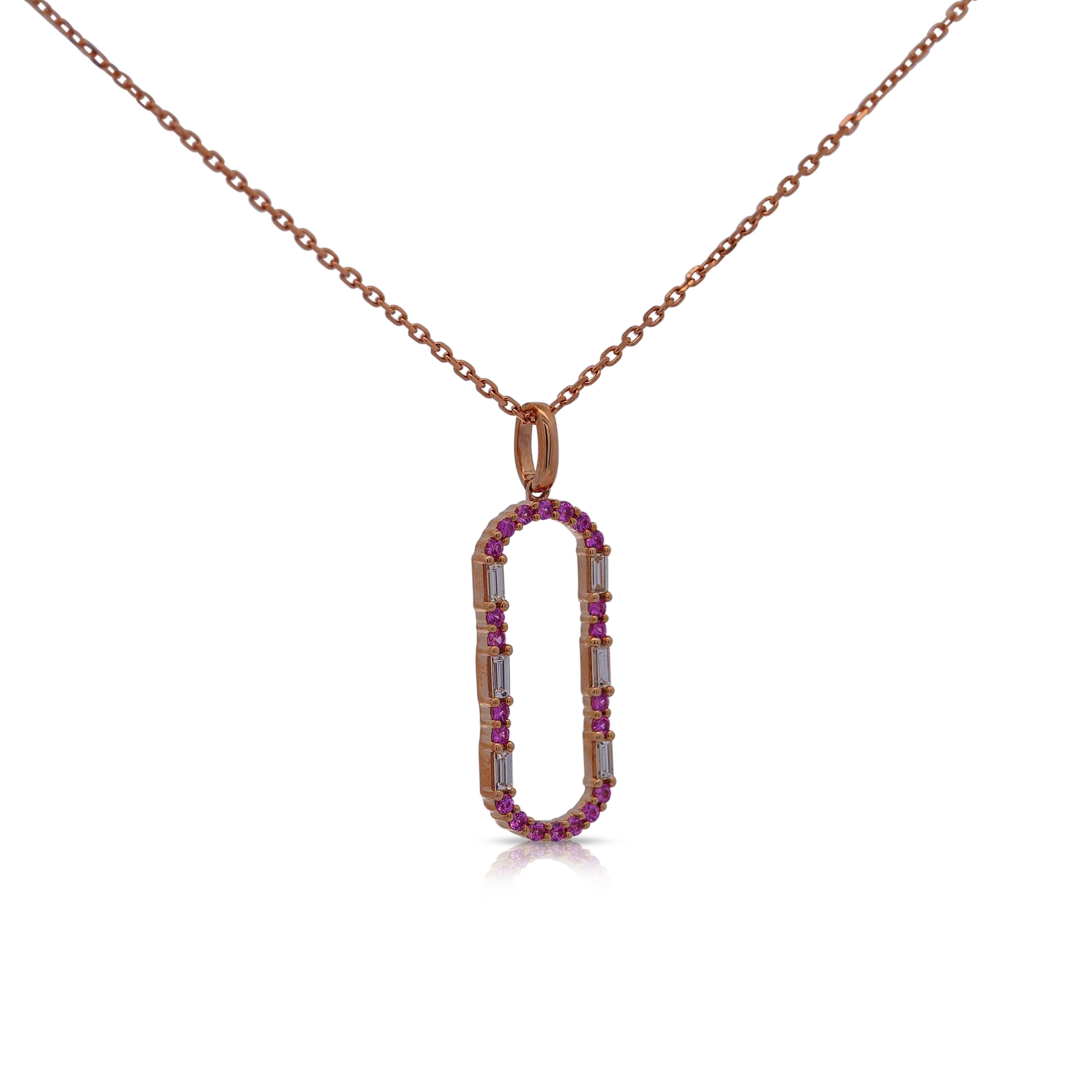Open Oval 14K Rose Gold Diamond and Sapphire Pendant Necklace In New Condition For Sale In Miami, FL