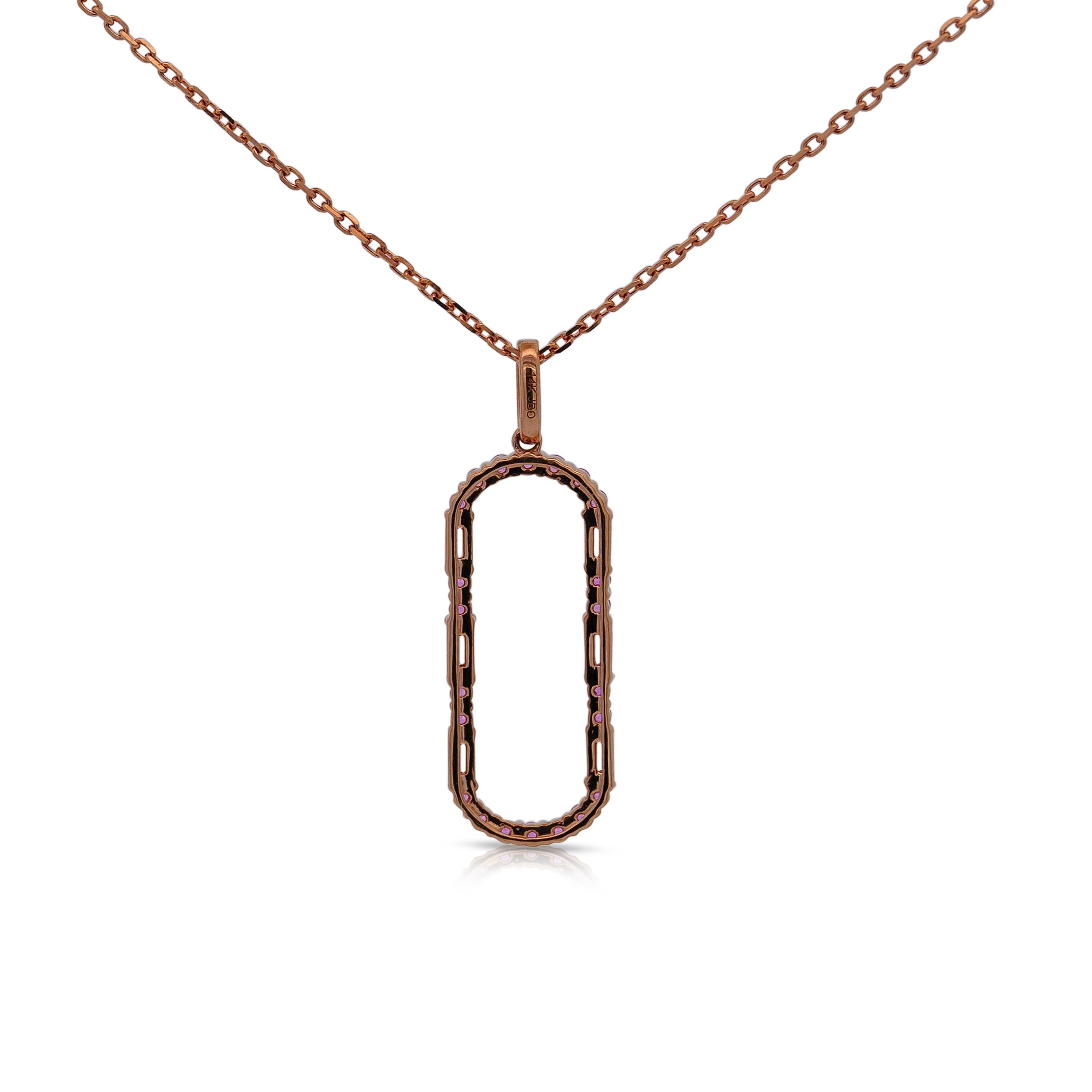 Women's or Men's Open Oval 14K Rose Gold Diamond and Sapphire Pendant Necklace For Sale