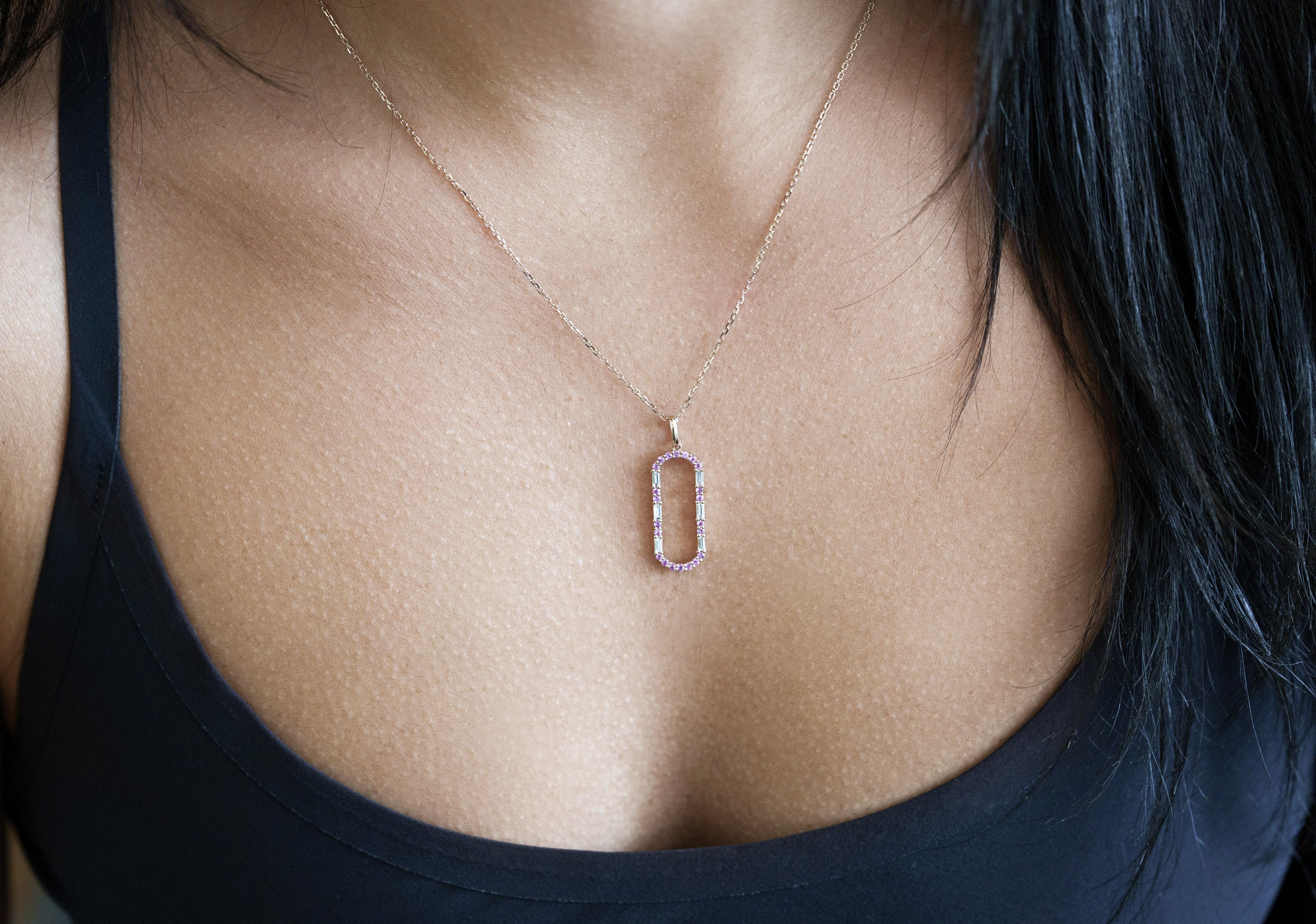 Open Oval 14K Rose Gold Diamond and Sapphire Pendant Necklace For Sale 1