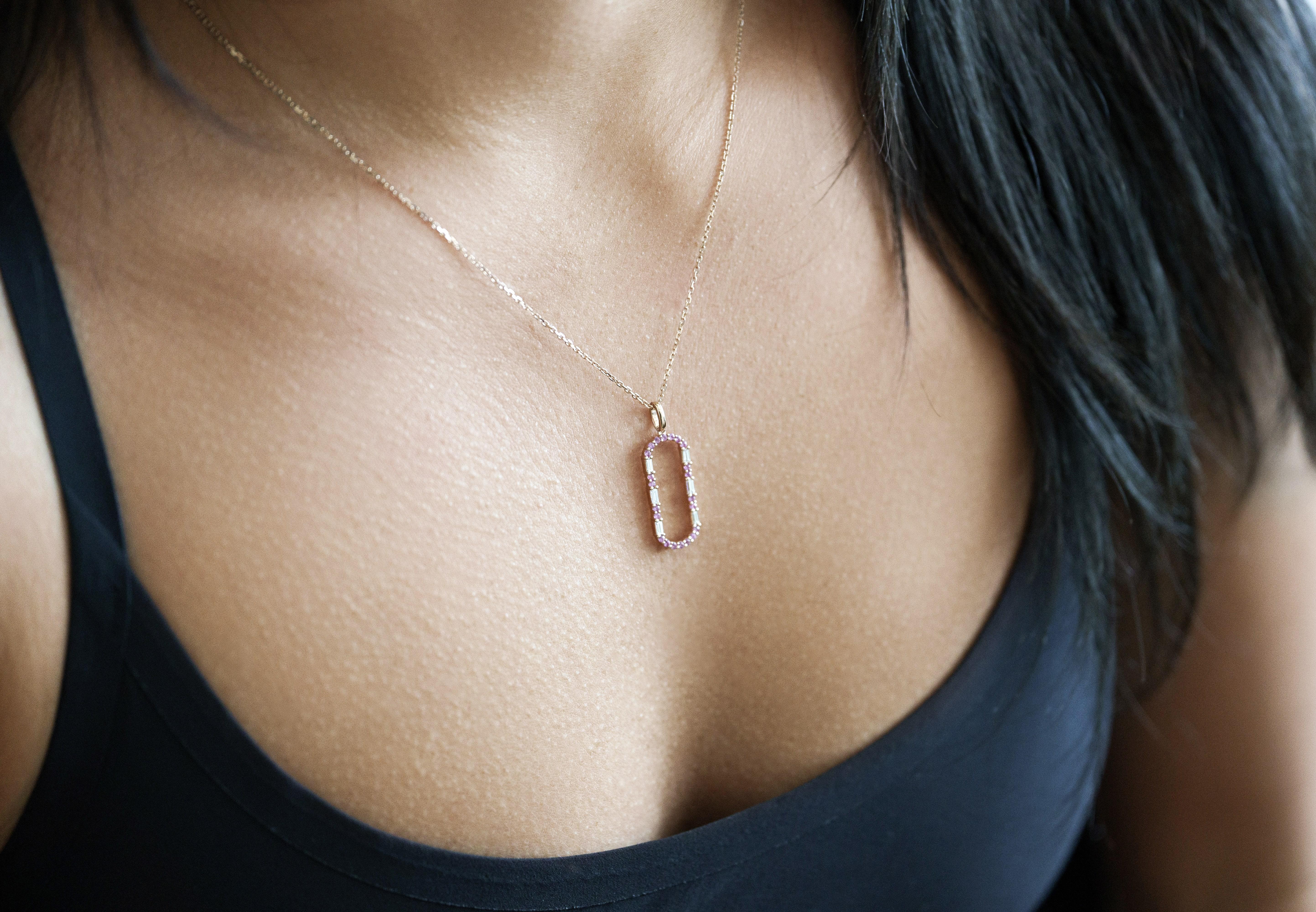 Open Oval 14K Rose Gold Diamond and Sapphire Pendant Necklace For Sale 2