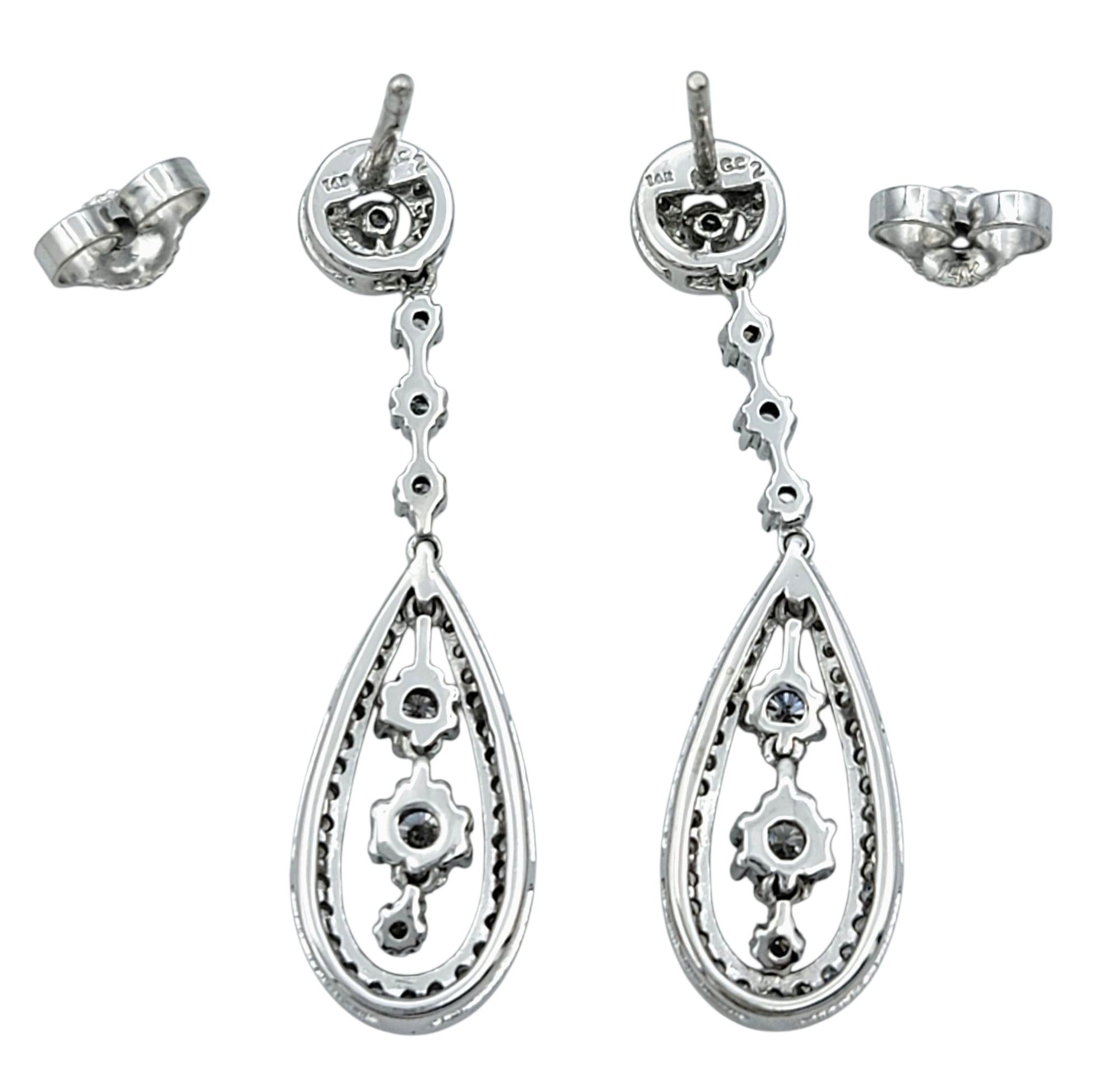 Taglio rotondo Open Pear Shape Pavé Diamond Drop Earrings in Polished 14 Karat White Gold in vendita