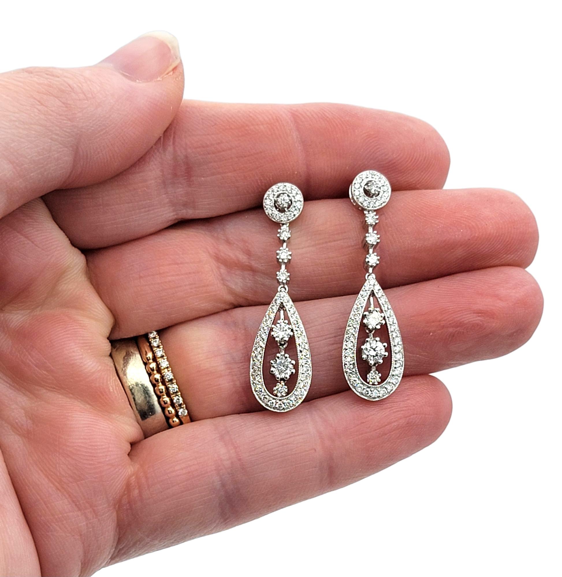 Open Pear Shape Pavé Diamond Drop Earrings in Polished 14 Karat White Gold in vendita 1