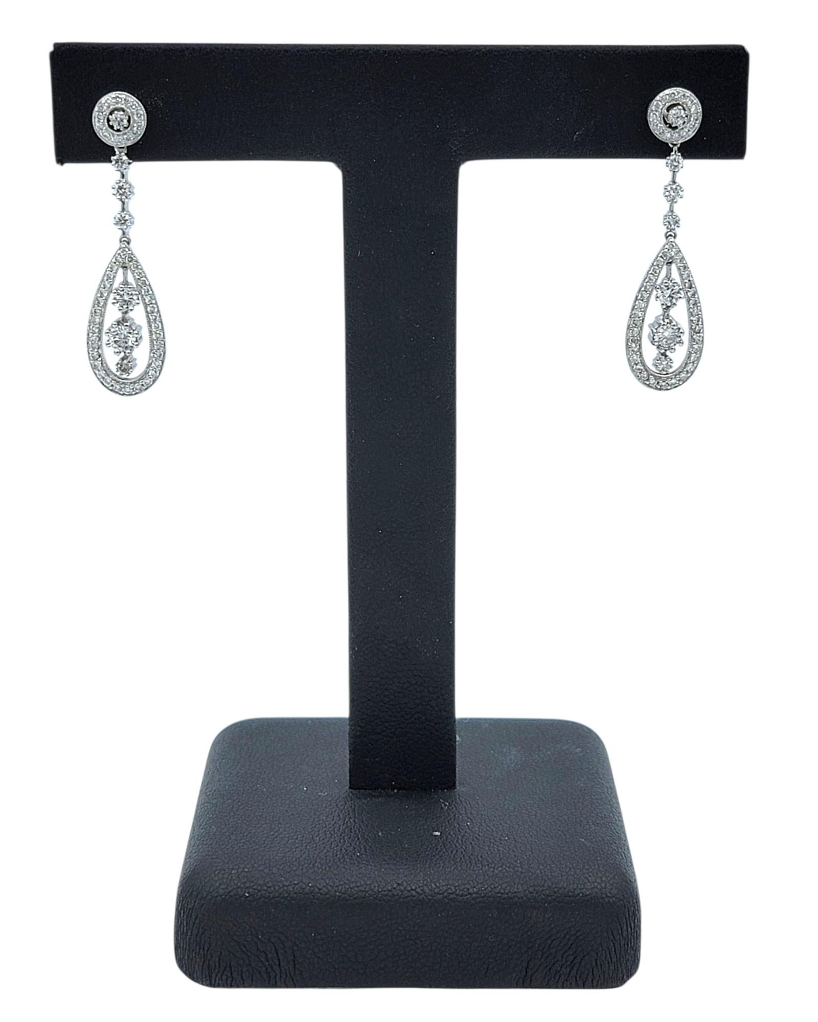 Open Pear Shape Pavé Diamond Drop Earrings in Polished 14 Karat White Gold in vendita 2