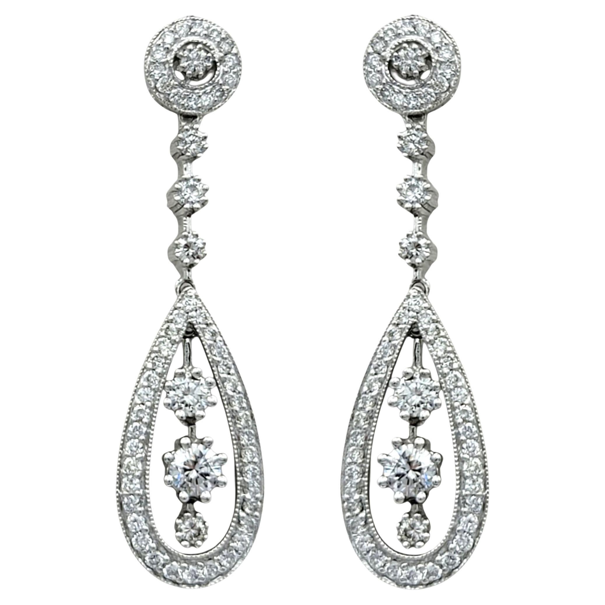 Open Pear Shape Pavé Diamond Drop Earrings in Polished 14 Karat White Gold in vendita