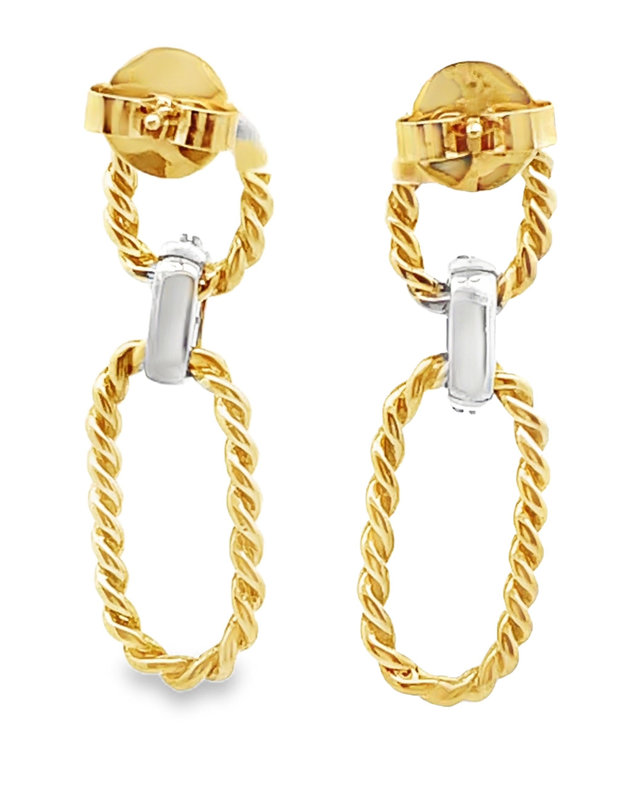 Pendientes de Gota Rectangulares Abiertos Dos Tonos en Oro Blanco y Amarillo de 14K Corte redondo en venta