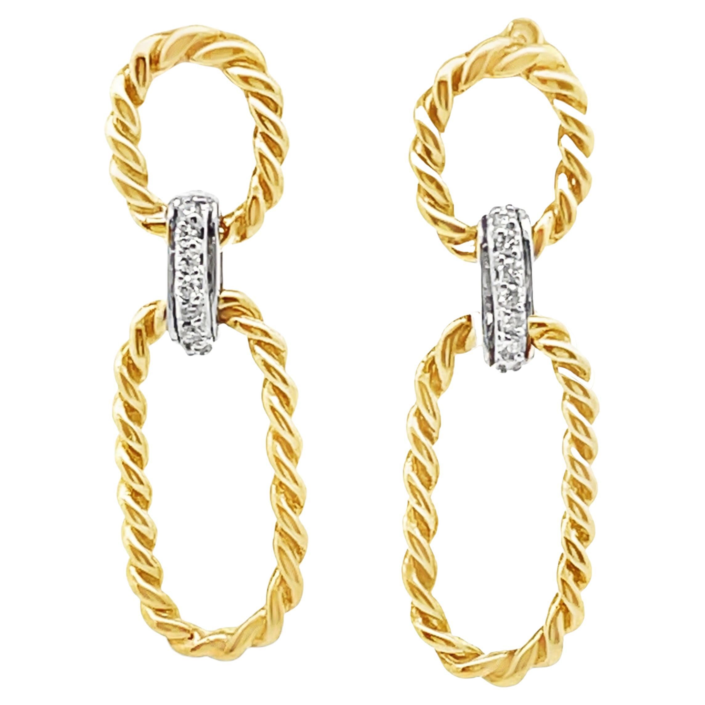 Pendientes de Gota Rectangulares Abiertos Dos Tonos en Oro Blanco y Amarillo de 14K en venta
