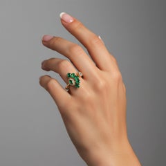 Open Ring 14K (or 18k upon request) Yellow Gold Emerald Cluster Diamond Ring