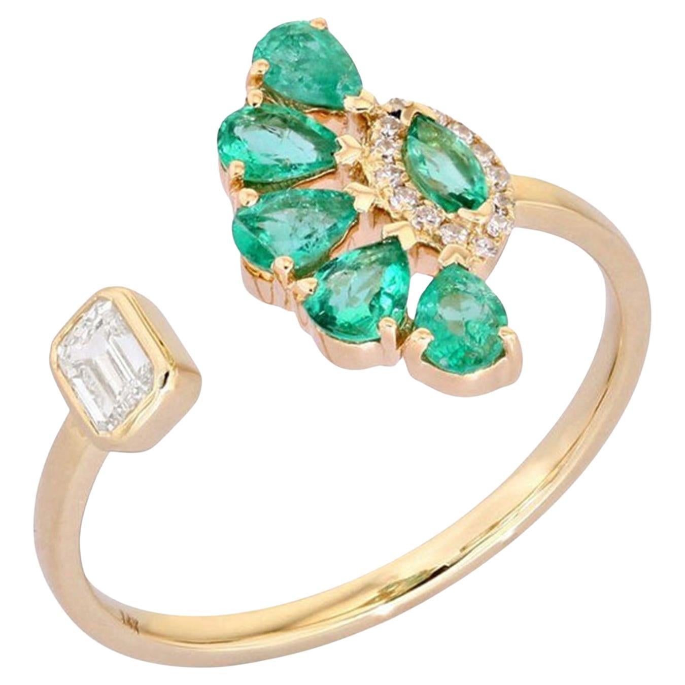 For Sale:  Open Ring 14K (or 18k upon request) Yellow Gold Emerald Cluster Diamond Ring