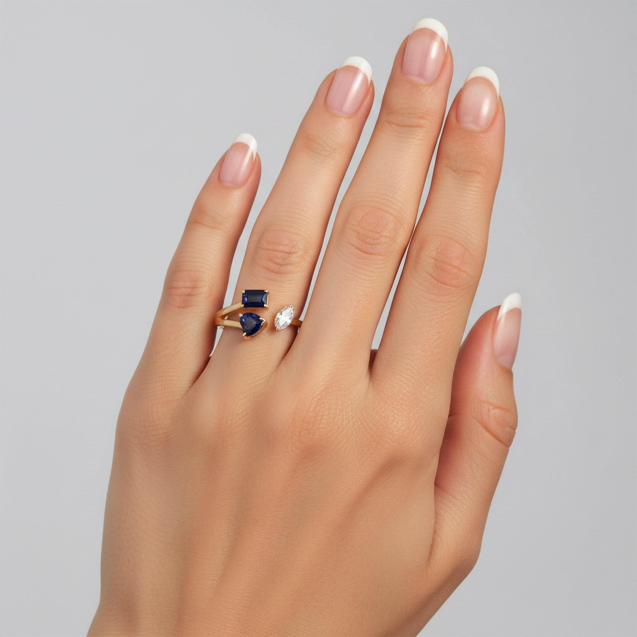 En vente :  Bague ouverte Saphir bleu Bague en or jaune 14K (ou 18k) Marquise Diamant 2