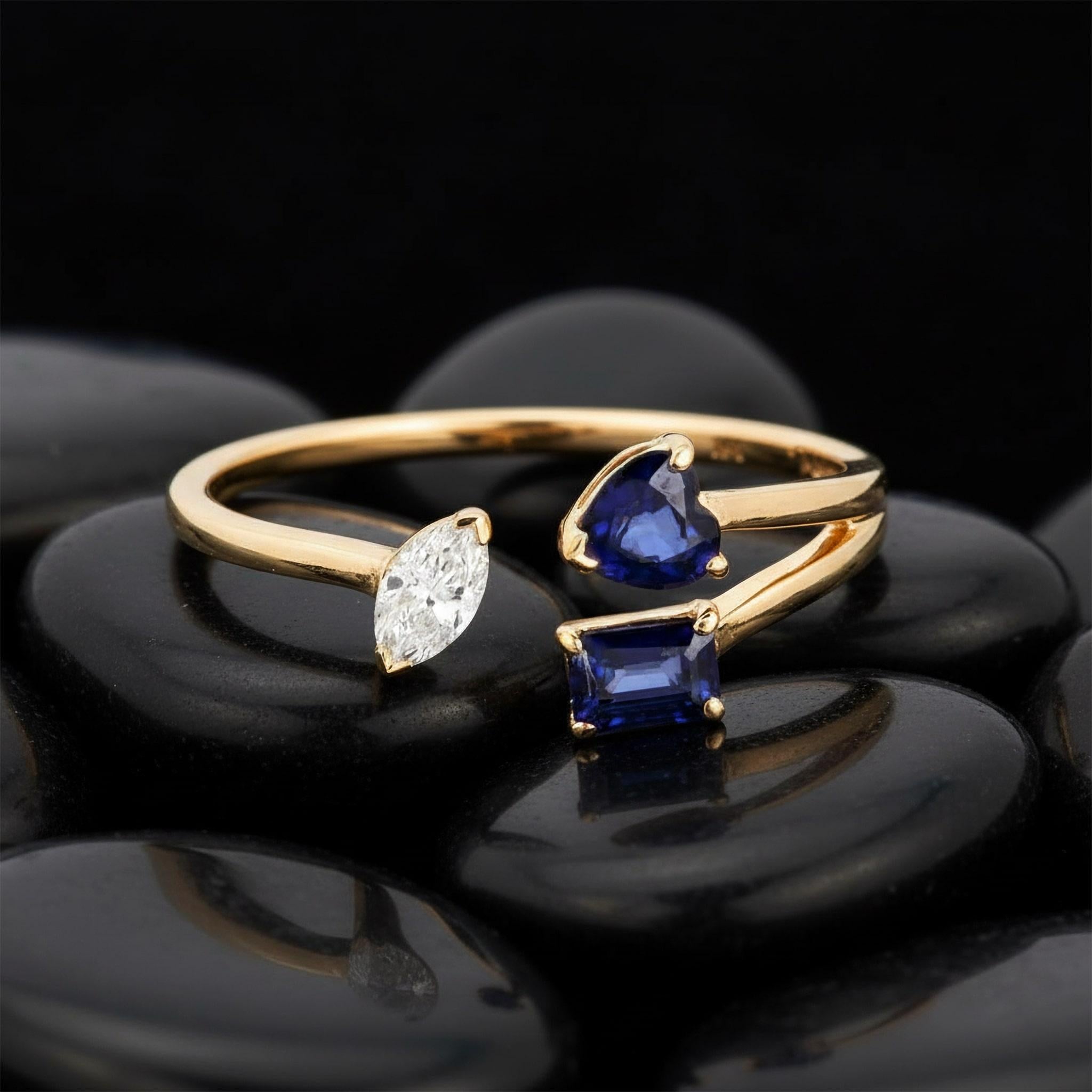 En vente :  Bague ouverte Saphir bleu Bague en or jaune 14K (ou 18k) Marquise Diamant 3