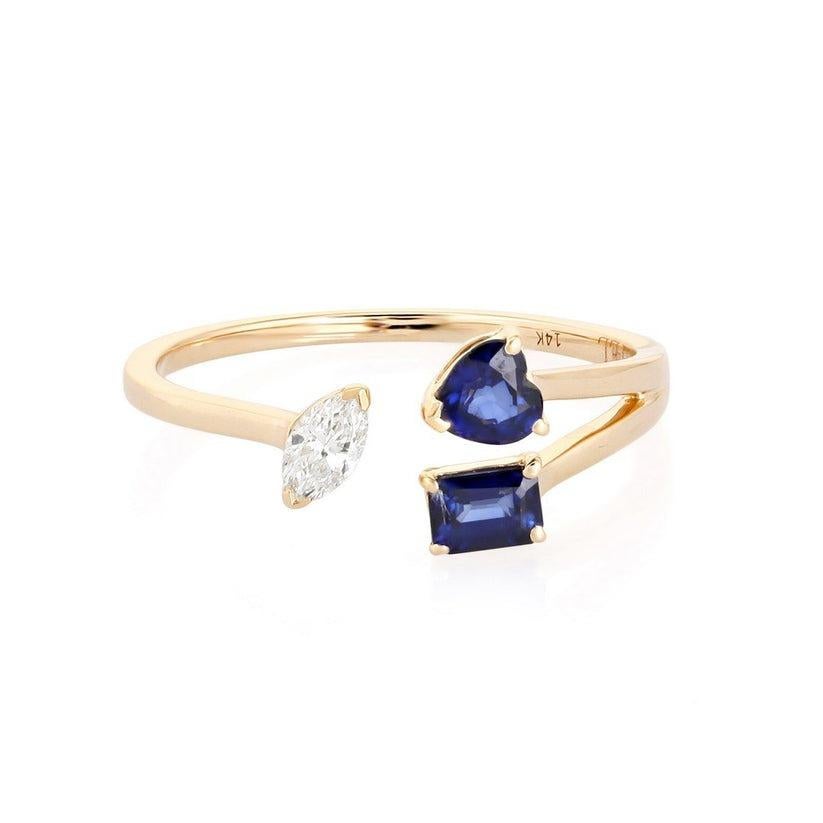 En vente :  Bague ouverte Saphir bleu Bague en or jaune 14K (ou 18k) Marquise Diamant 4