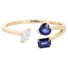 Bague ouverte Saphir bleu Bague en or jaune 14K (ou 18k) Marquise Diamant