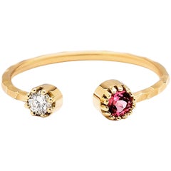 Open Ring with White Diamond and Pink Tourmaline in Pronged Bezels