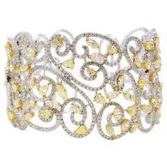 Open Scroll 14.56 CTW Yellow and White Diamond Wide Cuff 18 Karat Gold Bracelet