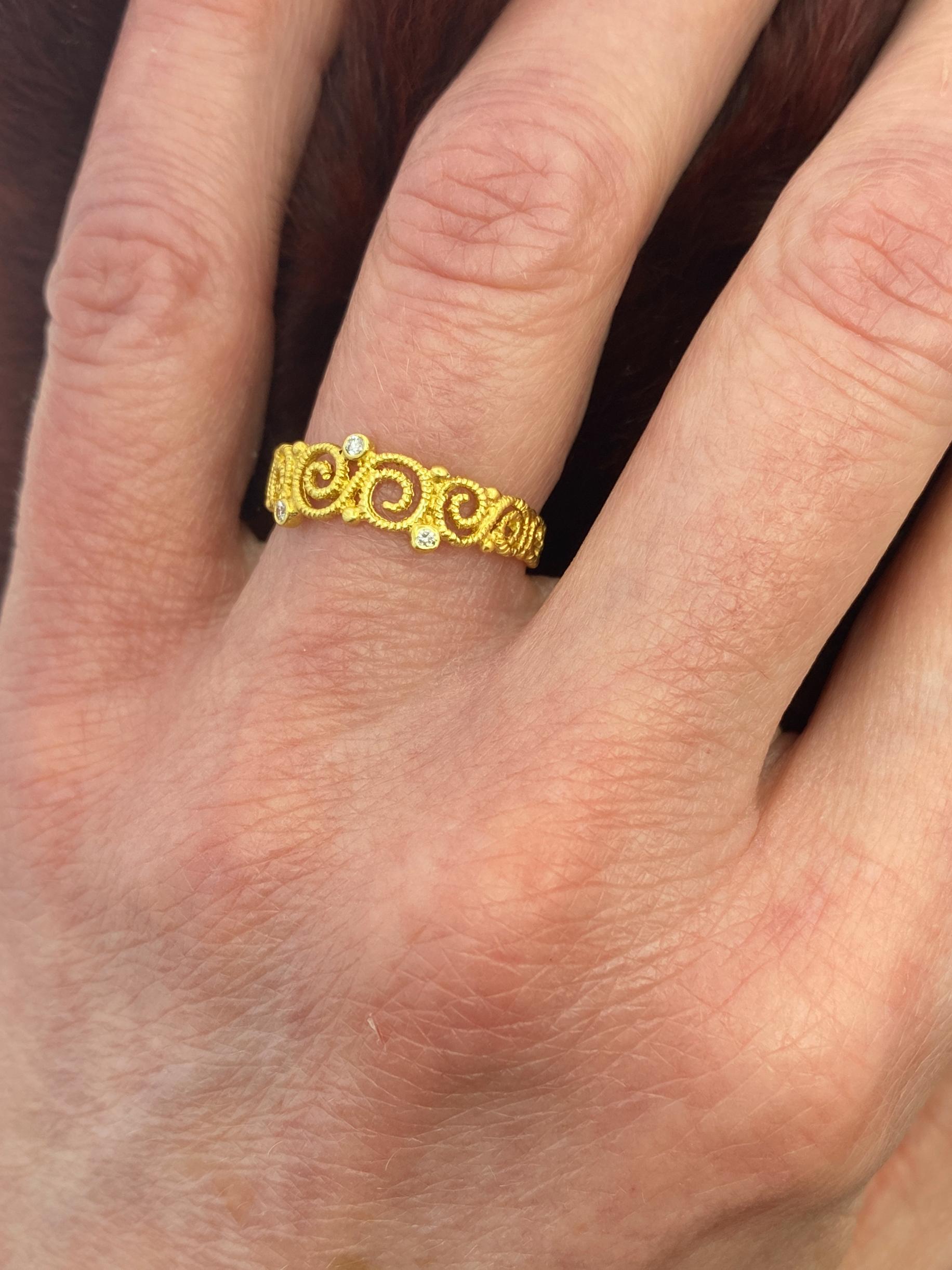 Brilliant Cut Open Scrollwork Band in 18 Karat Yellow Gold with Diamond Accents