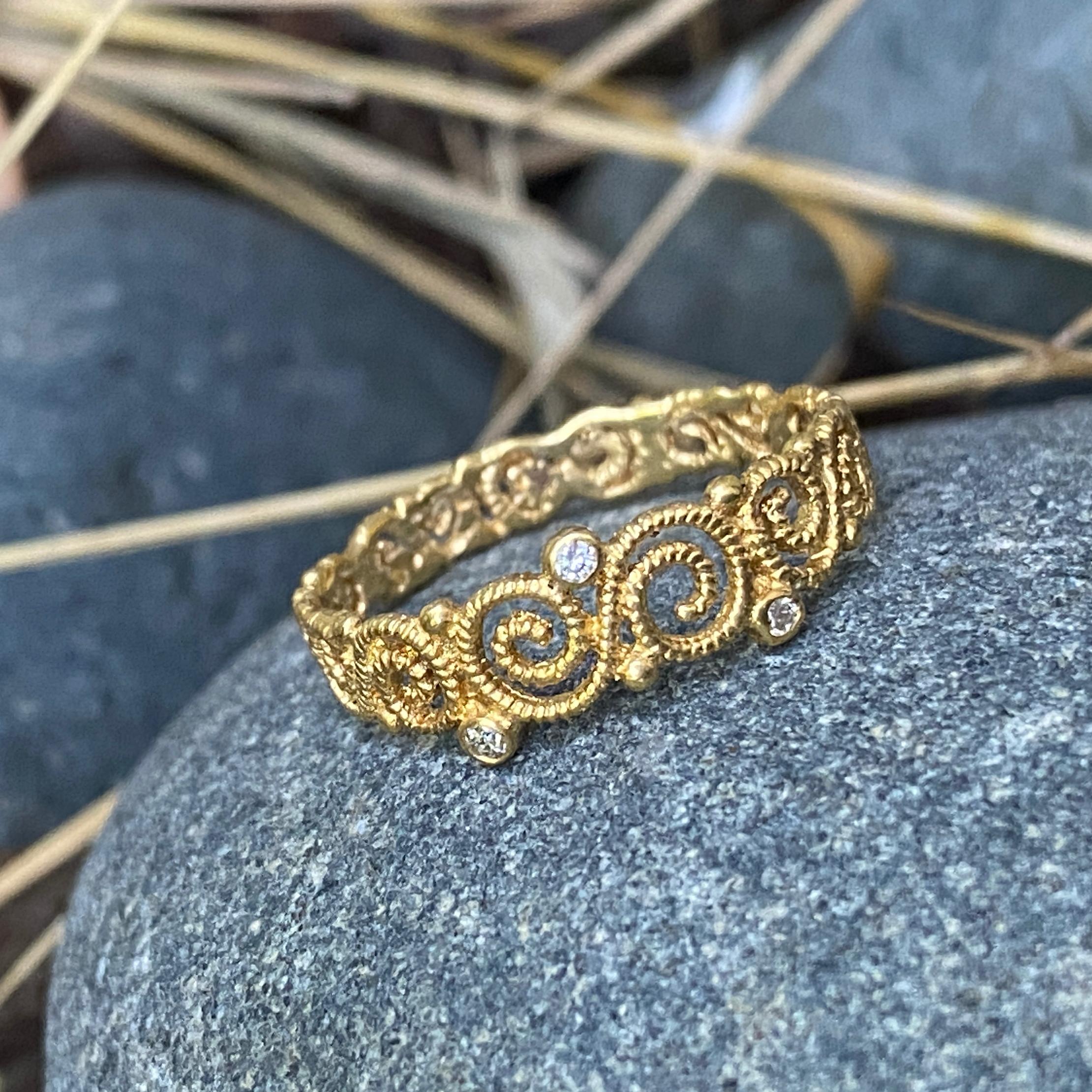Women's or Men's Open Scrollwork Band in 18 Karat Yellow Gold with Diamond Accents