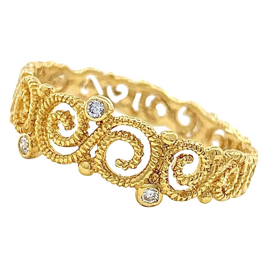 Open Scrollwork Band in 18 Karat Yellow Gold with Diamond Accents