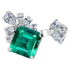 Open Shank AGL Certified 4.27 Carat Emerald Ring with Diamond Clusters
