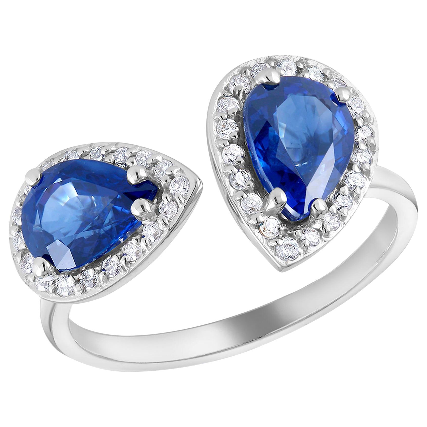 Two Pear Shape Sapphires and Cluster Diamond Open Shank Cocktail Ring