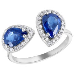 Two Pear Shape Sapphires and Cluster Diamond Open Shank Cocktail Ring  