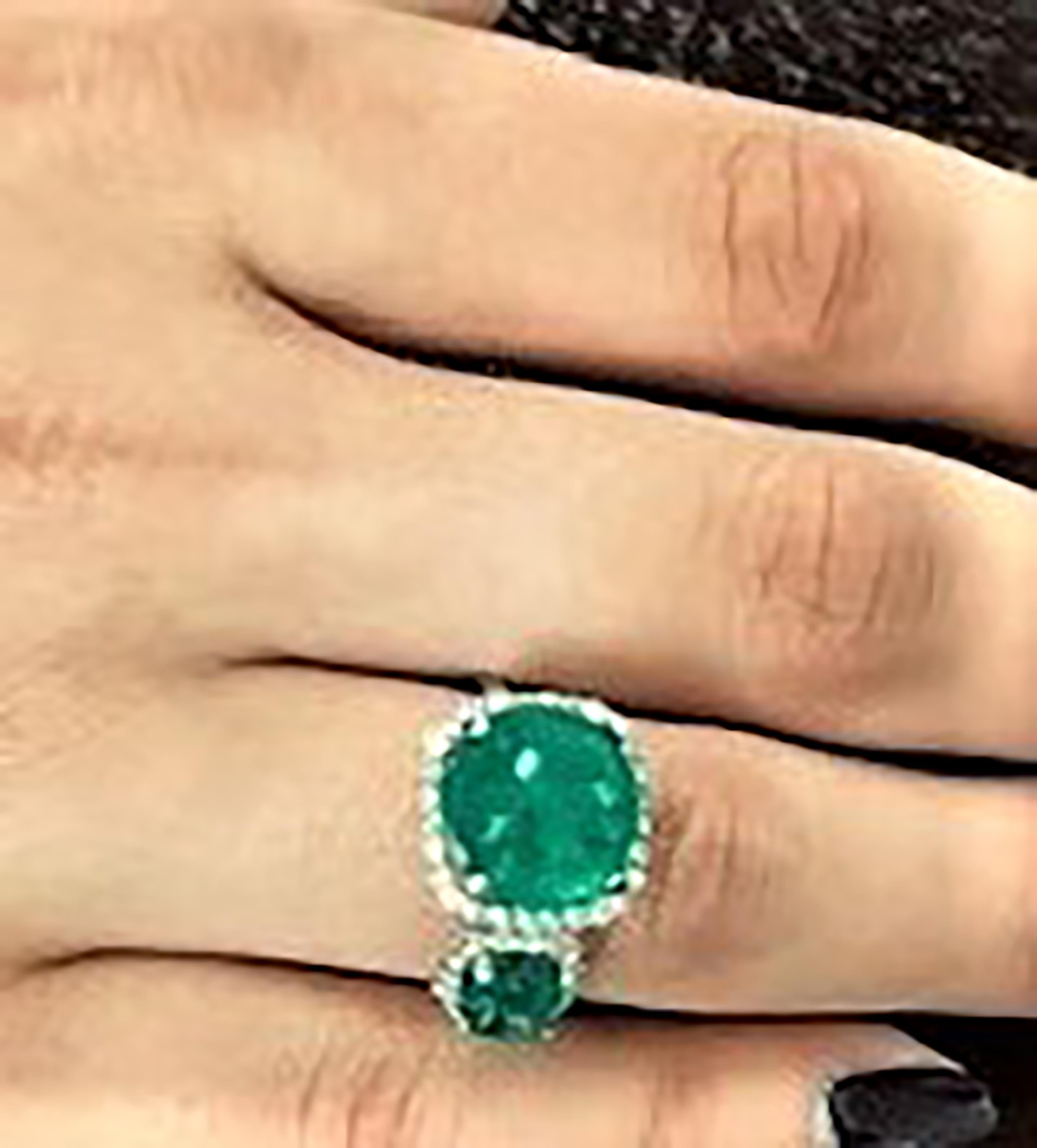 Round Cut Diamond and Two Cabochon Emerald Open Shank Eighteen Karat Gold Cocktail Ring 