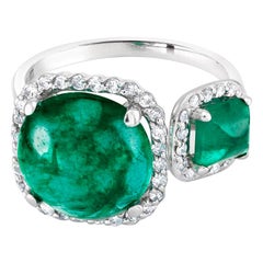 Diamond and Two Cabochon Emerald Open Shank Eighteen Karat Gold Cocktail Ring 