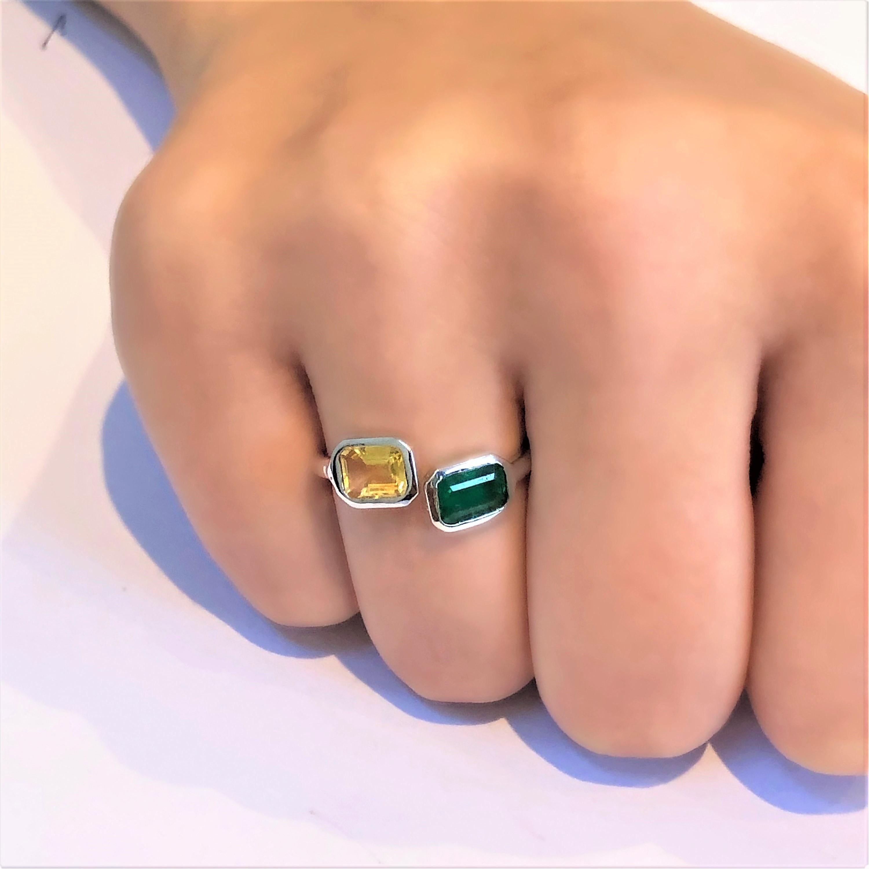Emerald and Yellow Sapphire Bezel Set Facing Open Shank White Gold Cocktail Ring 1