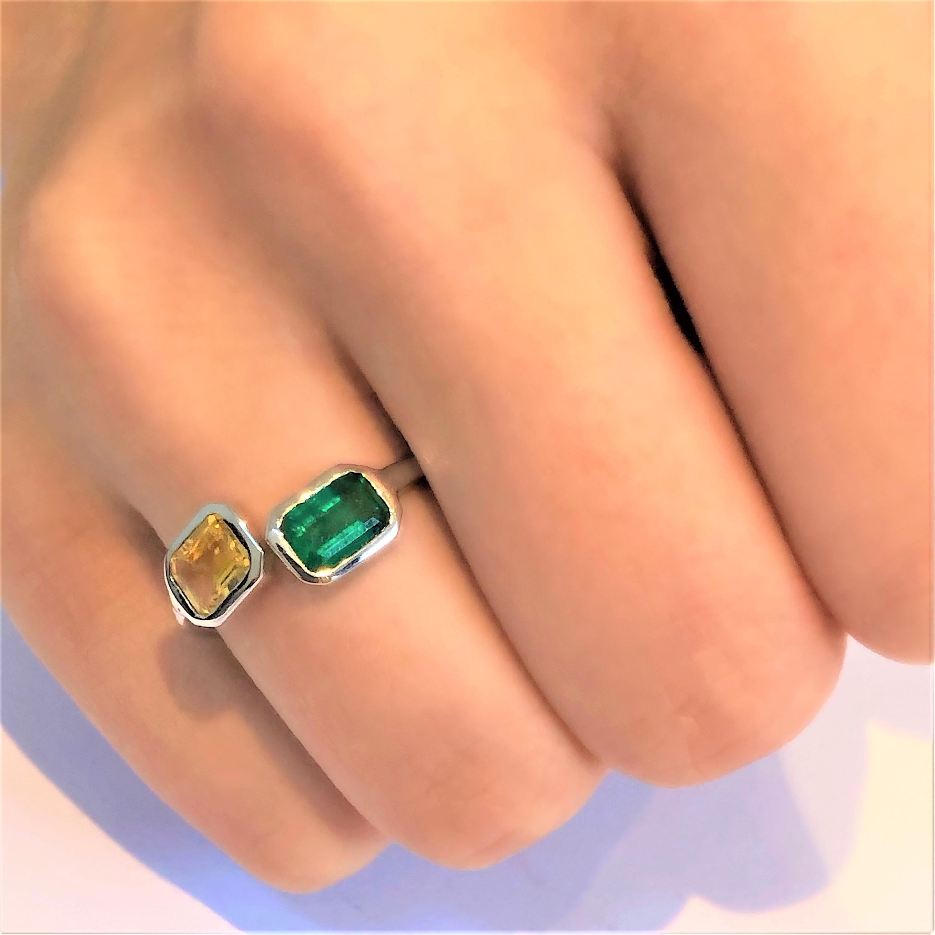 Emerald and Yellow Sapphire Bezel Set Facing Open Shank White Gold Cocktail Ring 3