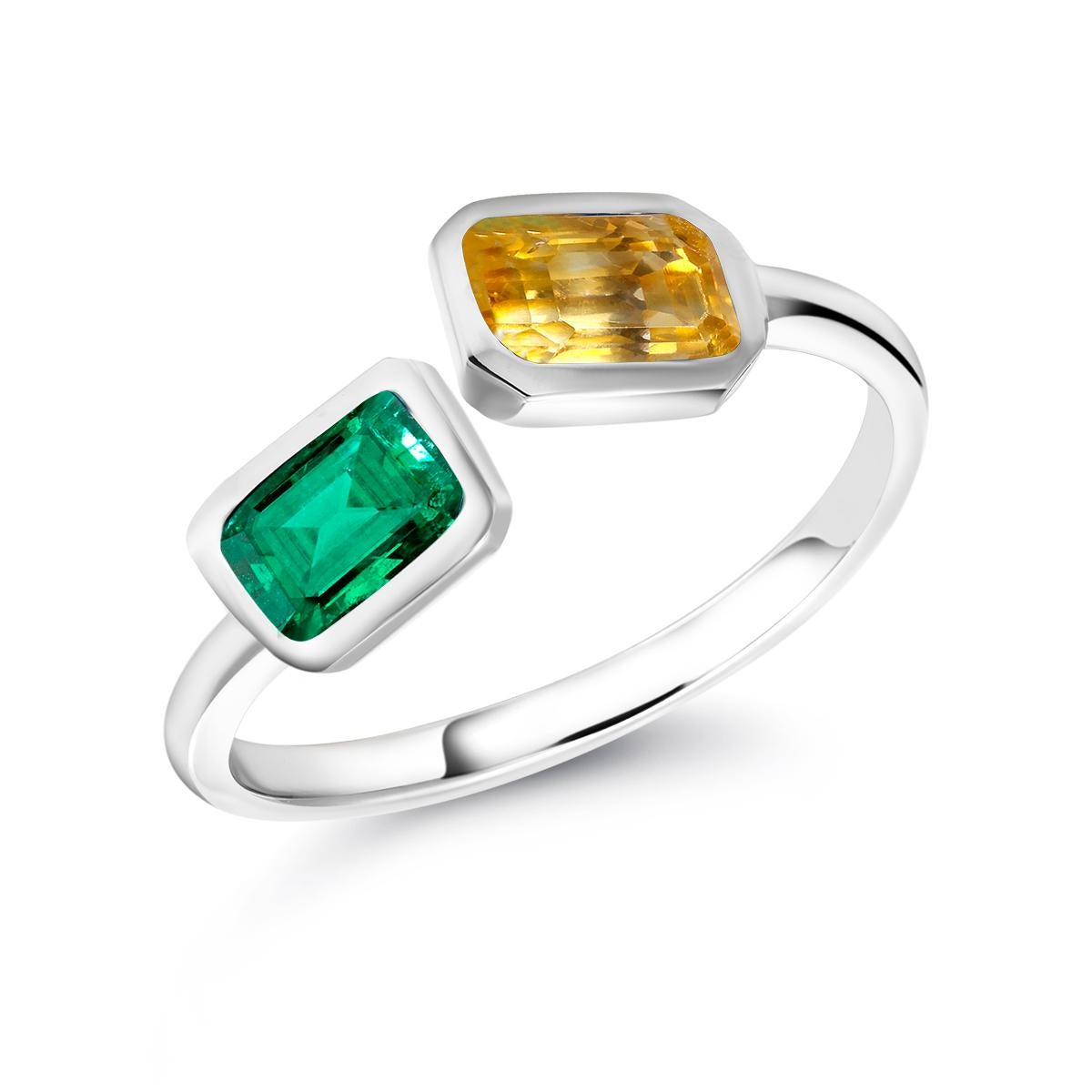Women's Emerald and Yellow Sapphire Bezel Set Facing Open Shank White Gold Cocktail Ring