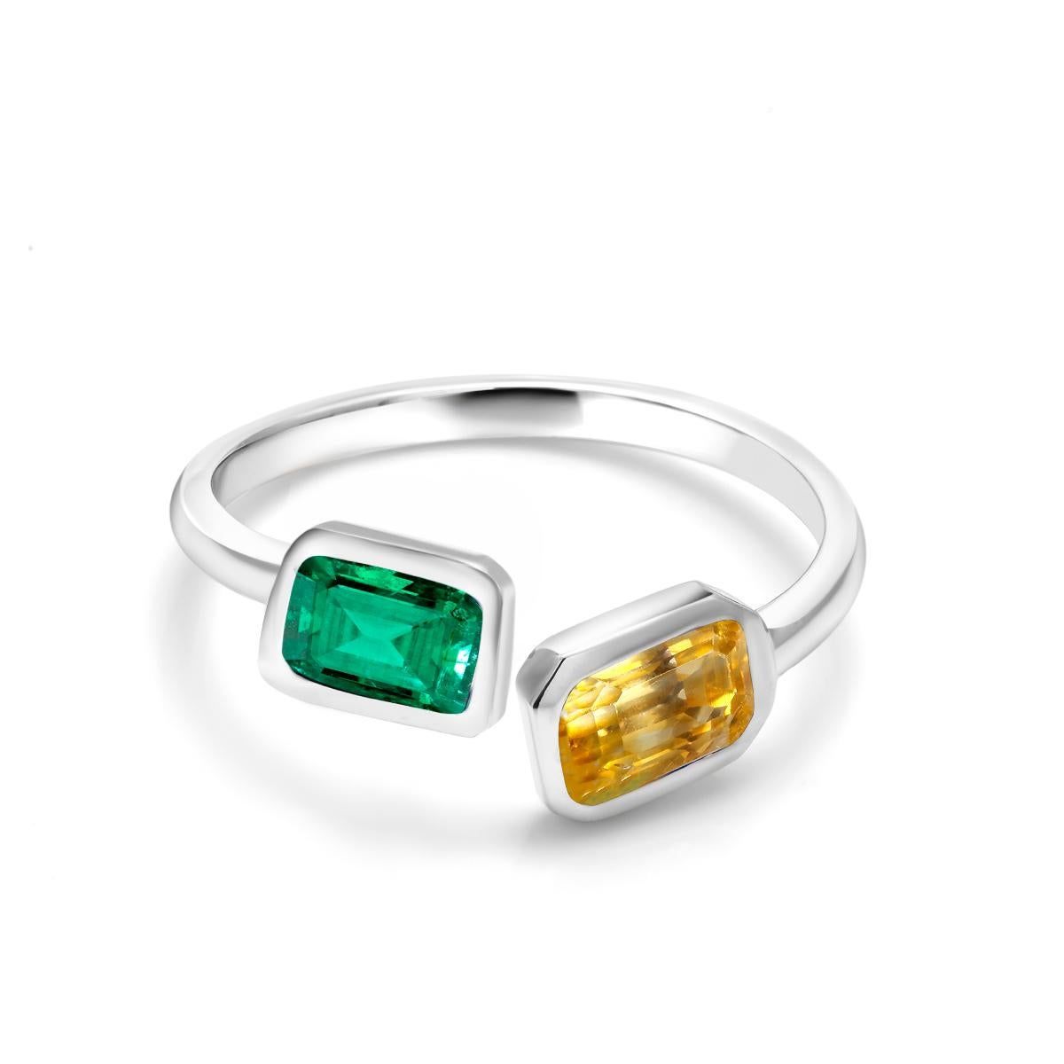 Emerald and Yellow Sapphire Bezel Set Facing Open Shank White Gold Cocktail Ring 6