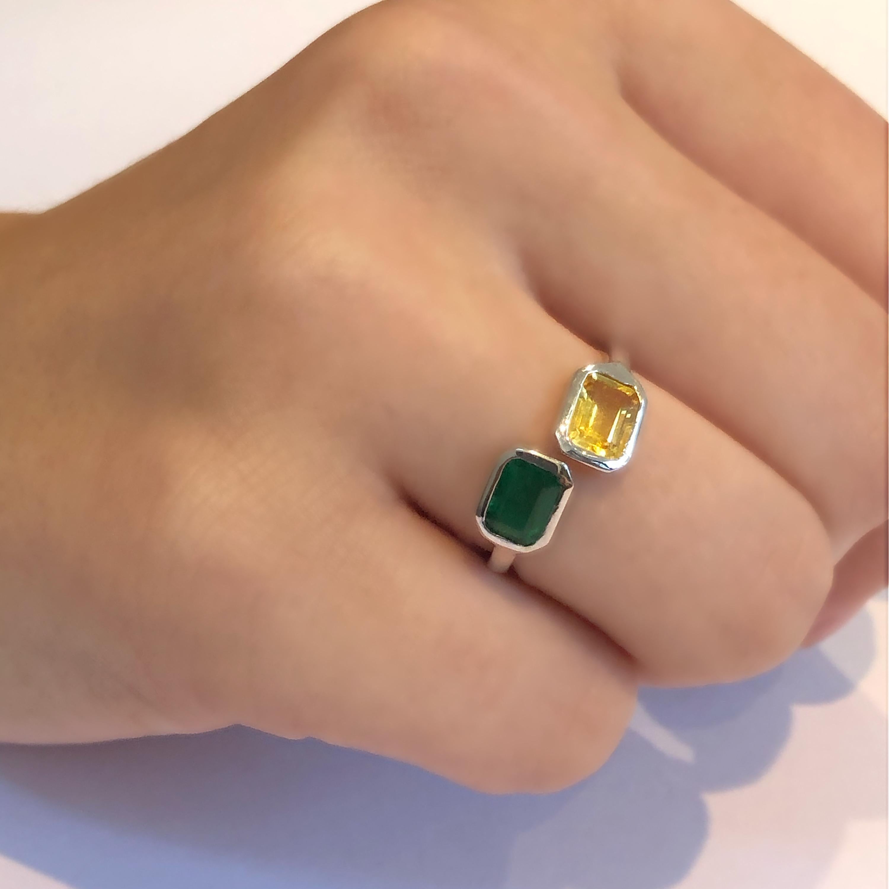 Emerald and Yellow Sapphire Bezel Set Facing Open Shank White Gold Cocktail Ring 2