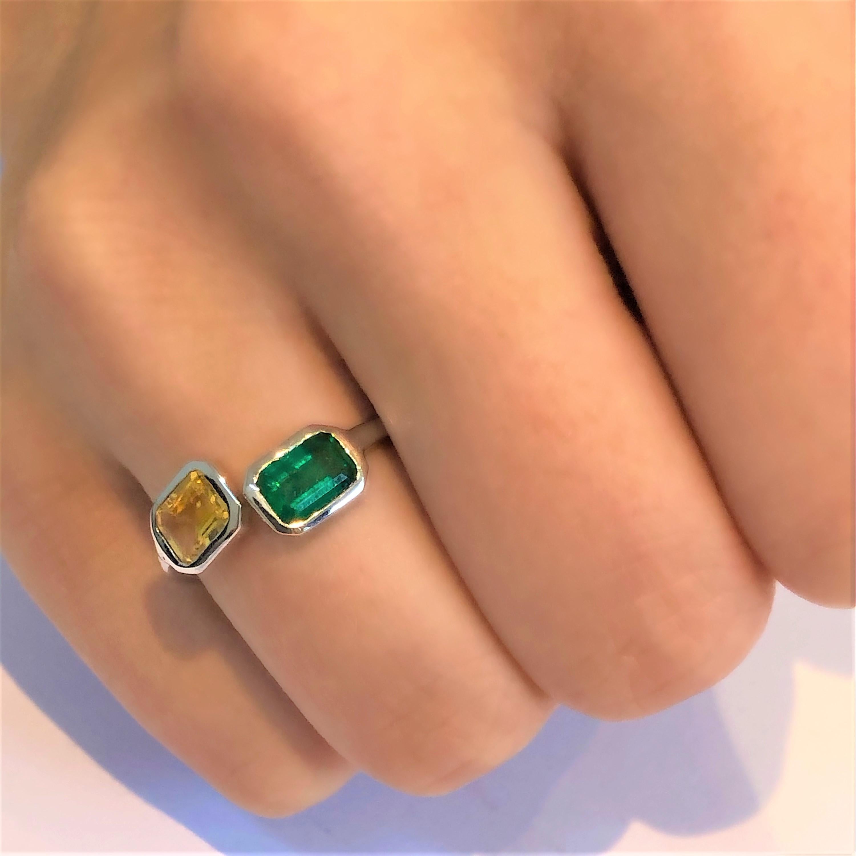Emerald Cut Emerald and Yellow Sapphire Bezel Set Facing Open Shank White Gold Cocktail Ring