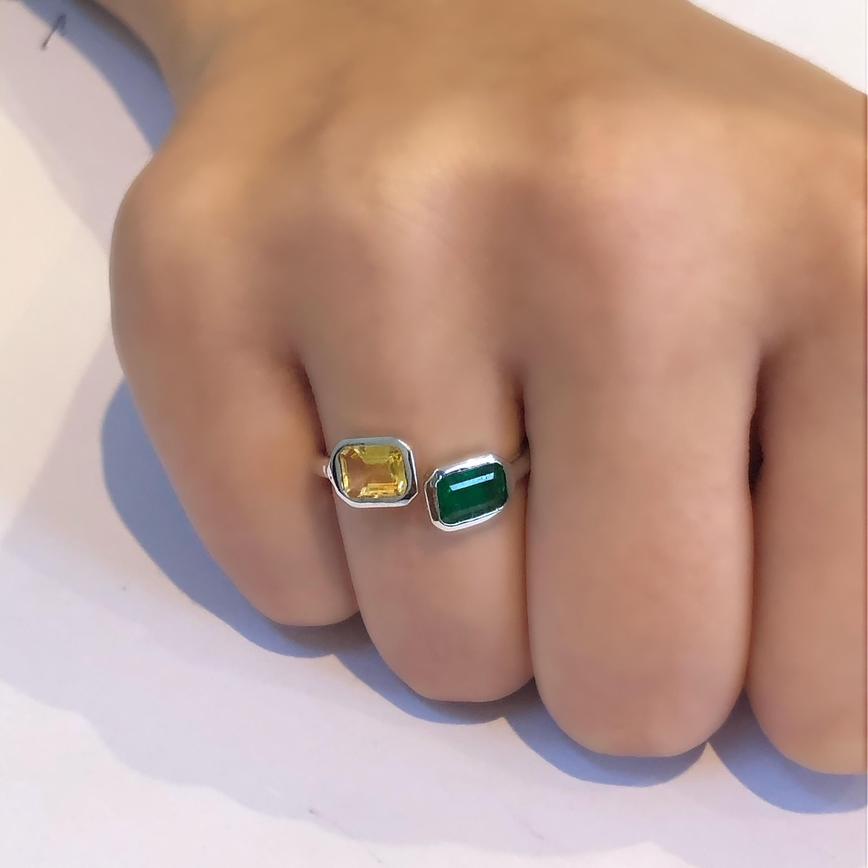 Emerald and Yellow Sapphire Bezel Set Facing Open Shank White Gold Cocktail Ring 5